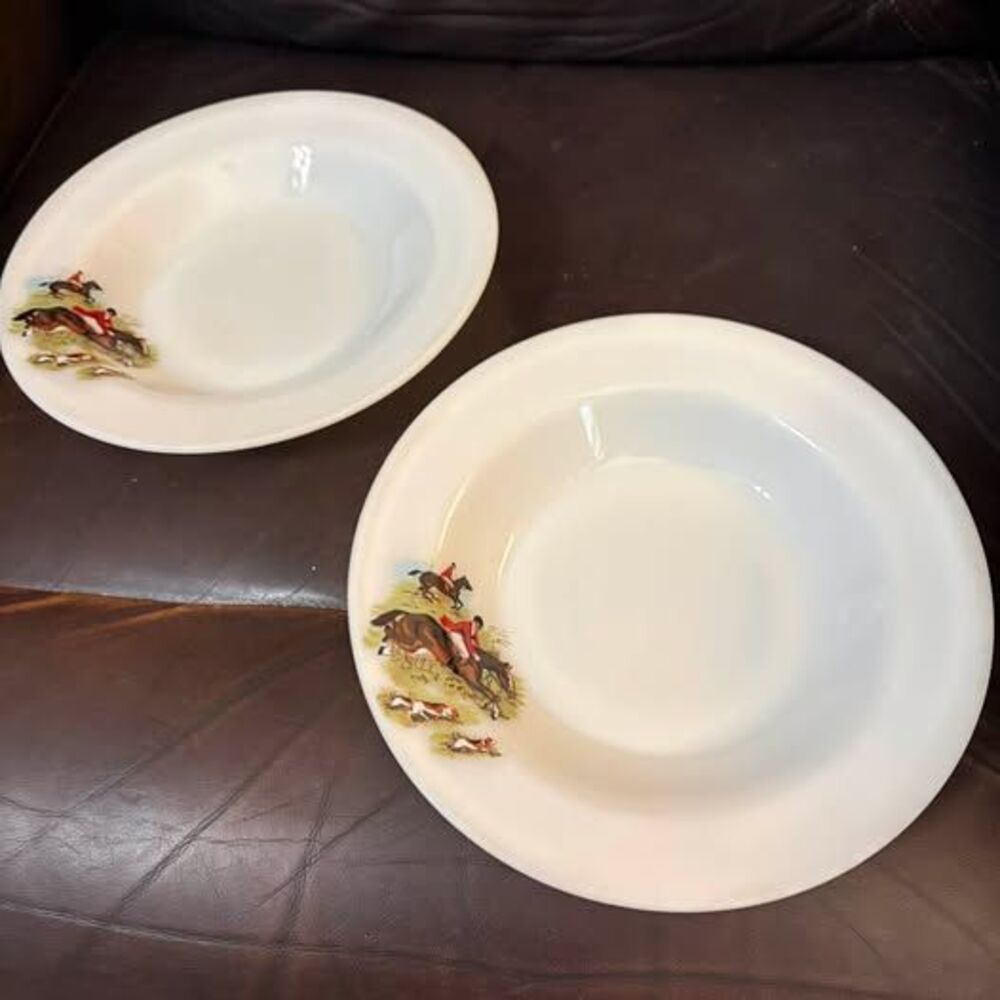 Set of 2 vintage JAJ Pyrex Milk Glass Tally Ho Fox Hunt Bowls - Set of 2